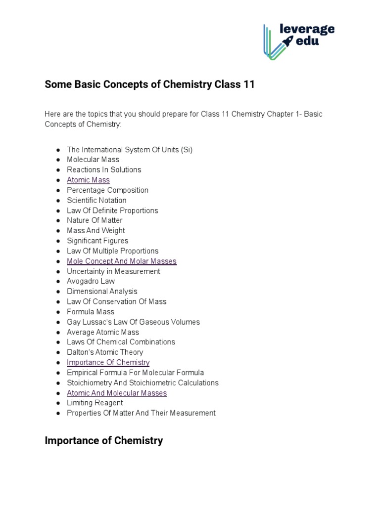 Class 11 Chemistry: Basic Concepts Overview | PDF | Mole (Unit) | Chemistry