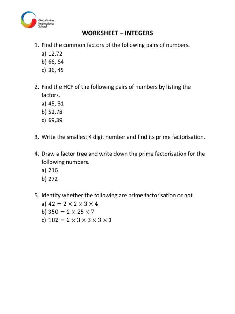 Worksheet HCF and LCM Grade 6 PDF