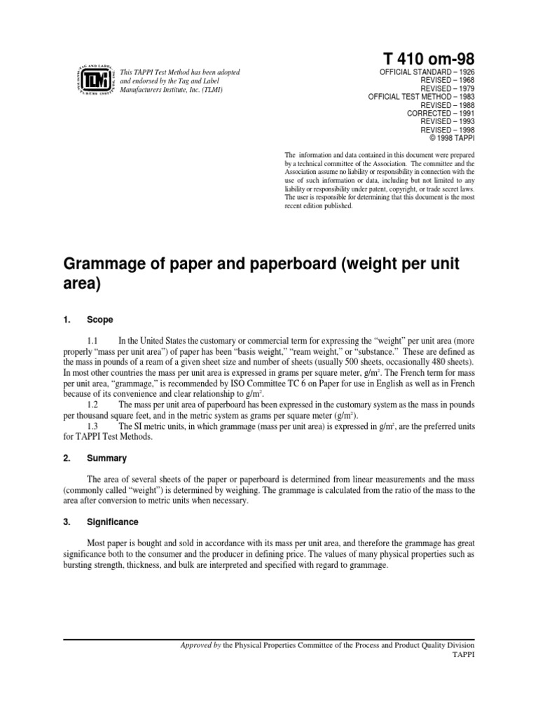 T410 OM98 Grammage of Paper and Paperboard (Weight per Unit Area