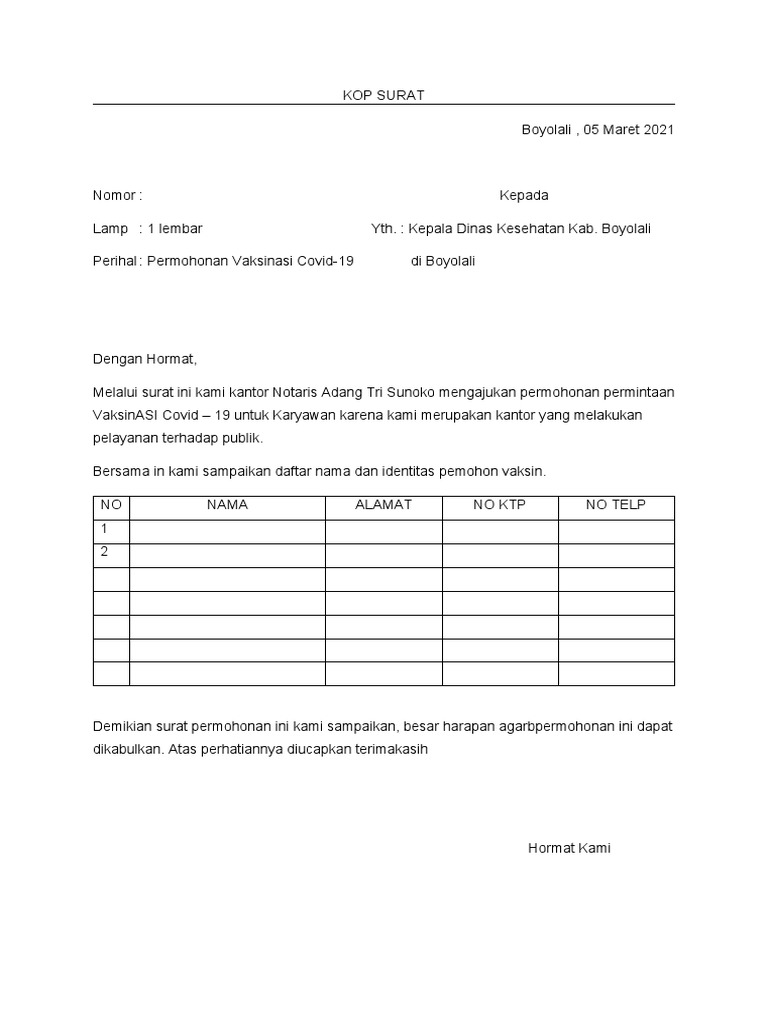 Contoh Surat Permohonan Vaksin | PDF
