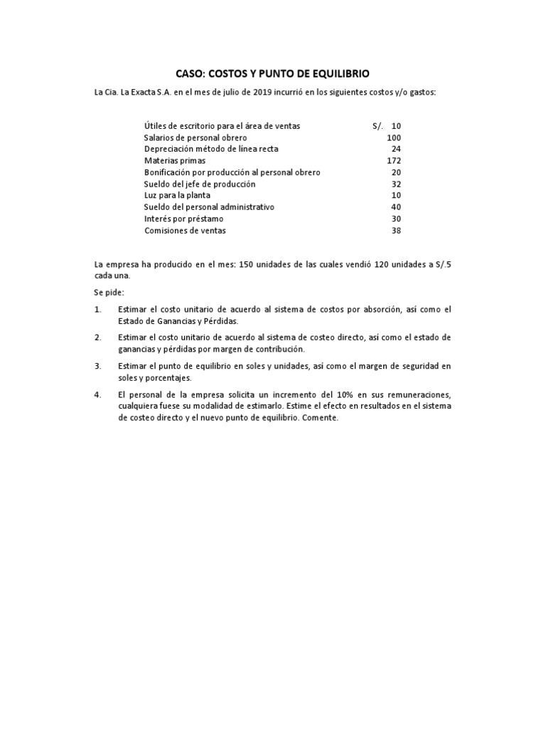 Caso - Costos y Punto de Equilibrio | PDF | Depreciación | Estado de ...