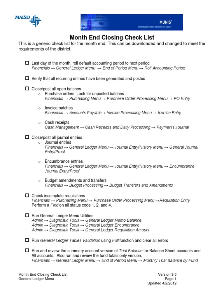 Month End Closing Checklist PDF Receipt Accounts Payable