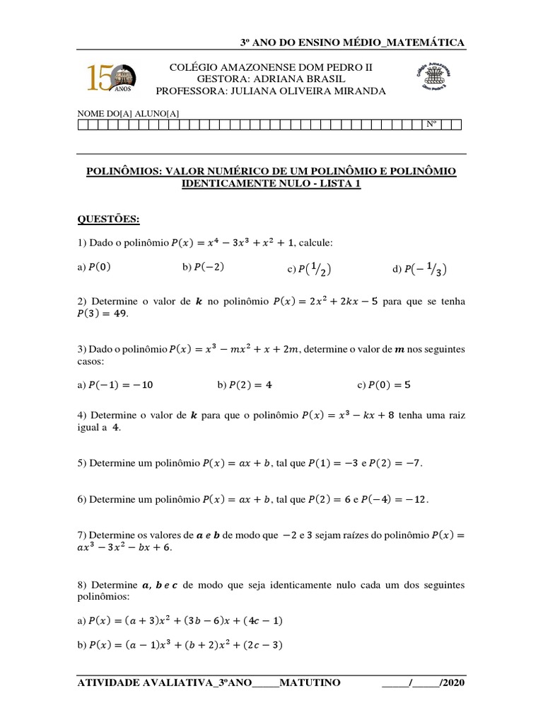 Atividades Polinômios 1 1 | PDF