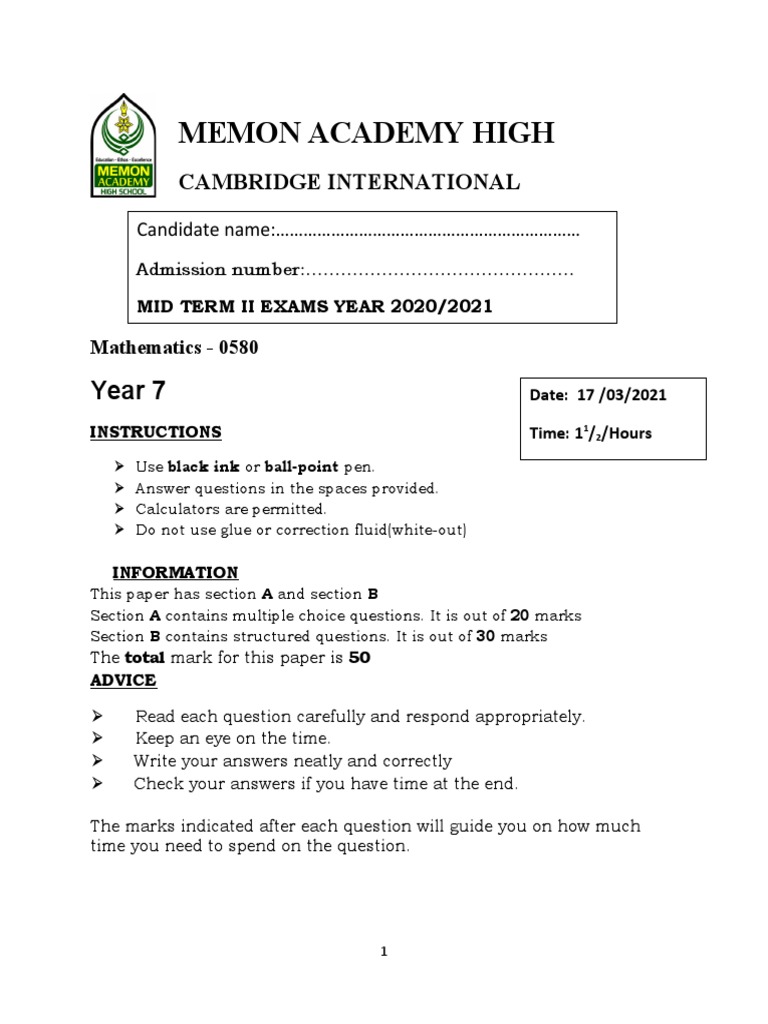Grade 7 Mathematics Exam Instructions | PDF | Angle