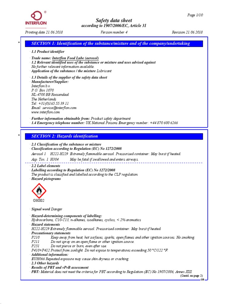 1. Interflon Food Lube (Aerosol) PDF Dangerous Goods Toxicity