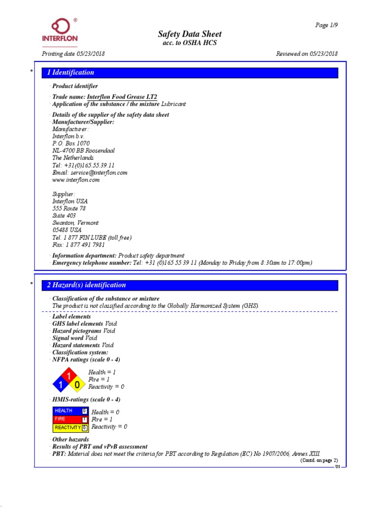 Interflon Food Grease PDF Dangerous Goods Occupational Safety And