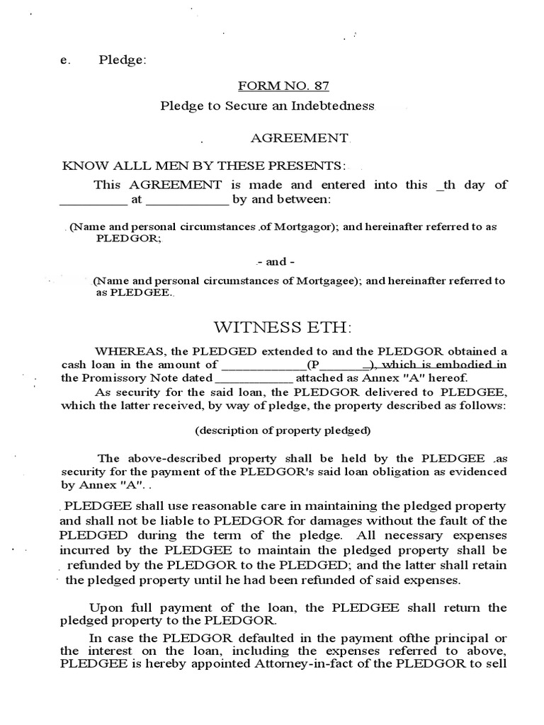 form-no-87-pledge-to-secure-an-indebtedness-pdf-loans-mortgage-law