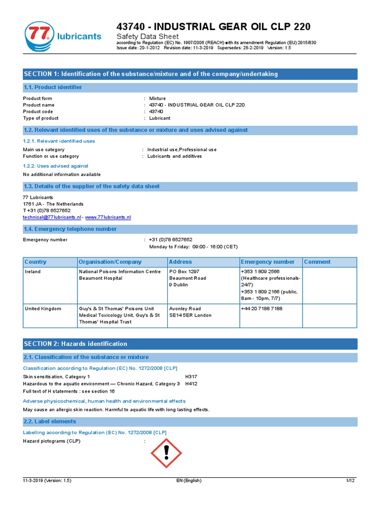Industrial Gear Oil CLP 220 Safety Data Sheet | PDF | Dangerous Goods ...