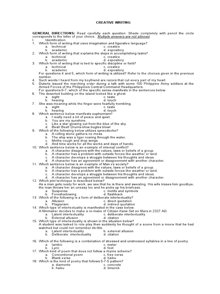 Test in Creative Writing | PDF | Poetry | Intertextuality