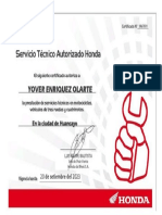 Certificado de Servicio Tecnico Honda Motocicletas