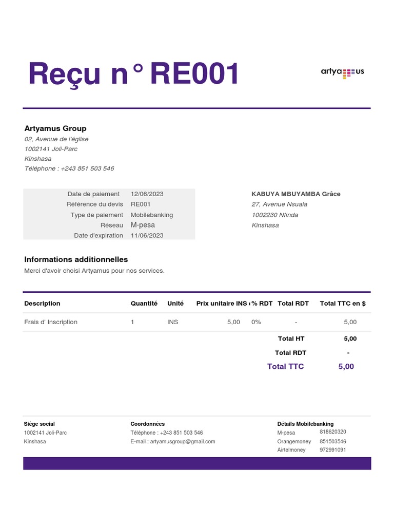 Modèle de reçu de paiement gratuit | PDF