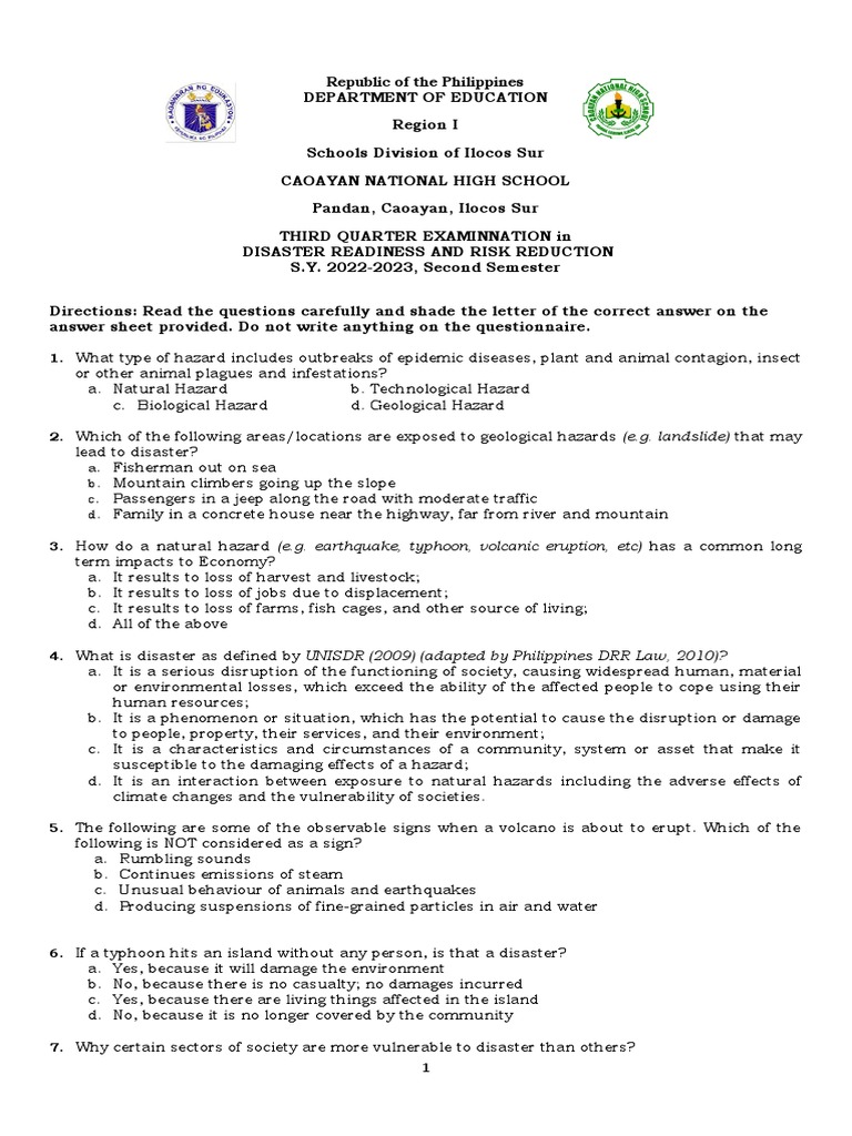 Third Quarter Exam: Disaster Readiness | PDF | Hazards | Natural Disasters