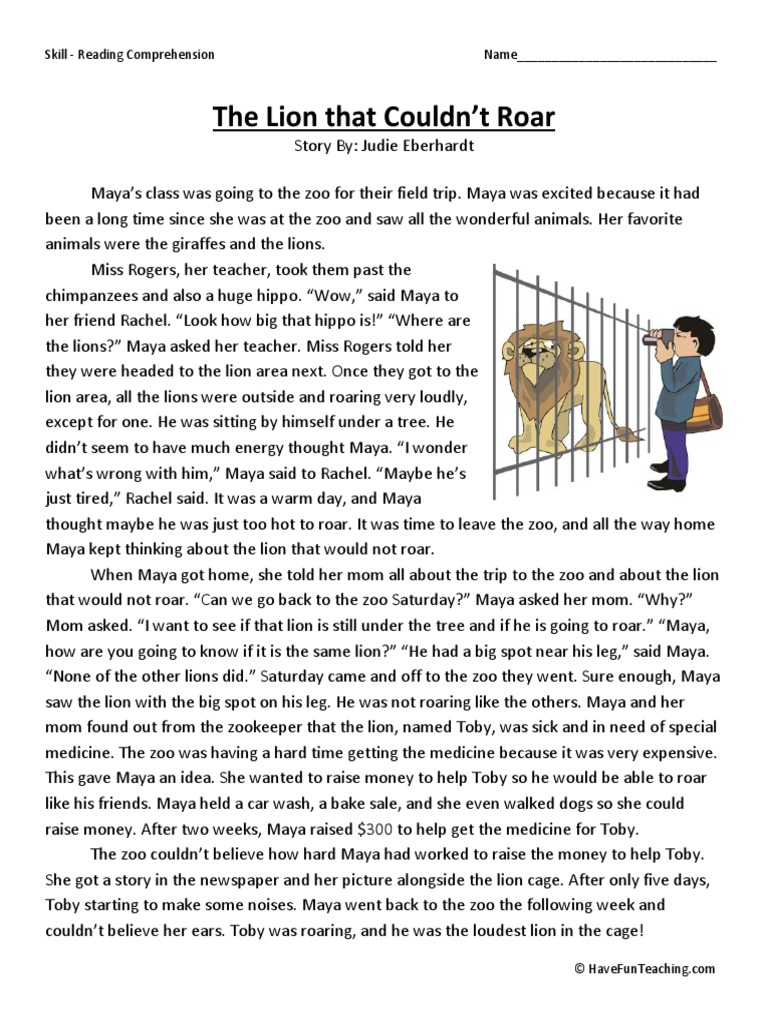 The Lion That Couldn't Roar Third Grade Reading Comprehension Worksheet ...