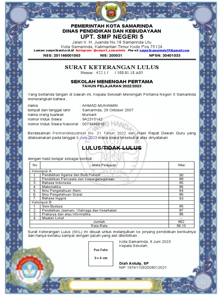 Surat Keterangan Lulus SMP 2023 | PDF