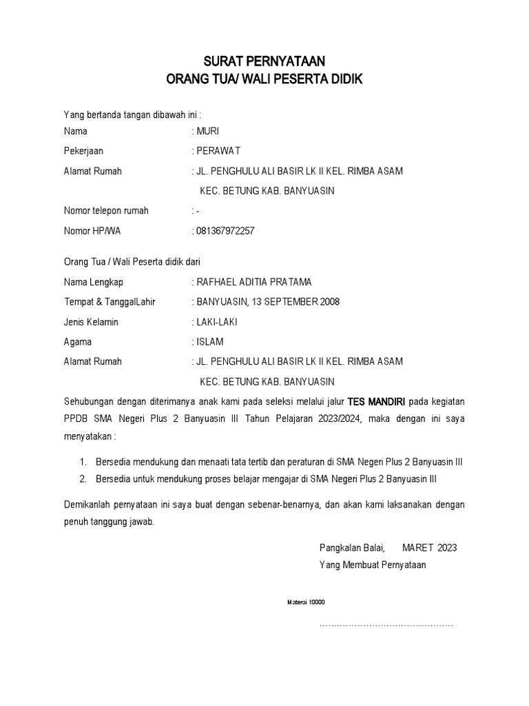 SURAT PERNYATAAN Orang Tua | PDF