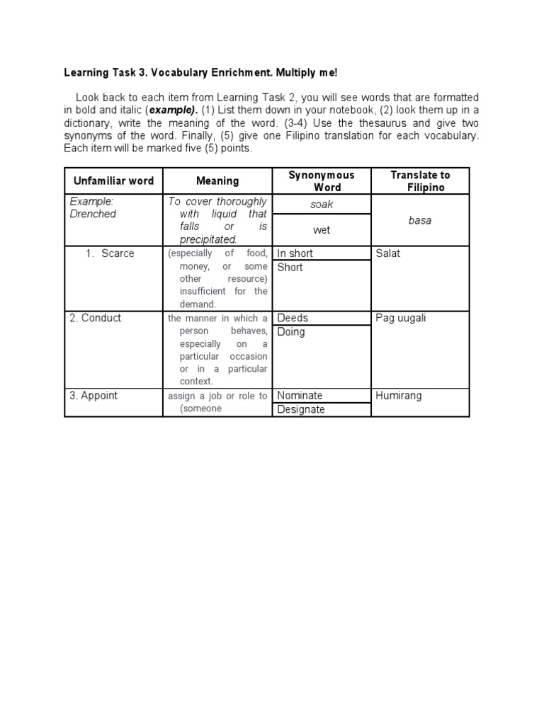 Vocabulary Enrichment Task Guide | PDF