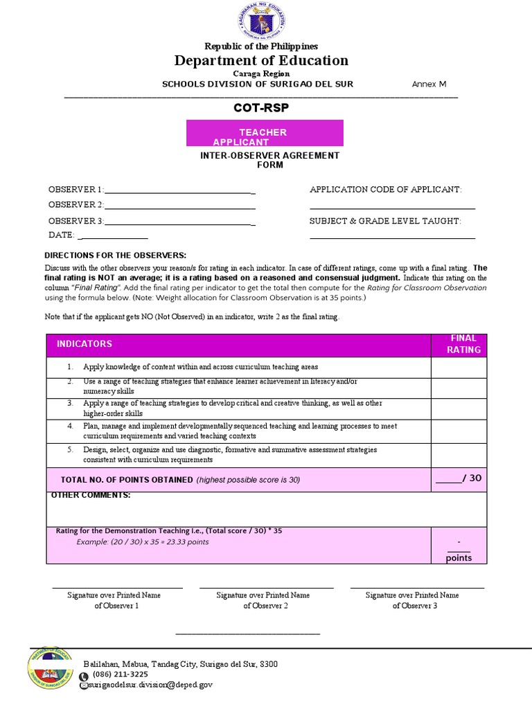 Annex M COTRSP InterObserver Agreement Form PDF Curriculum Educational Assessment