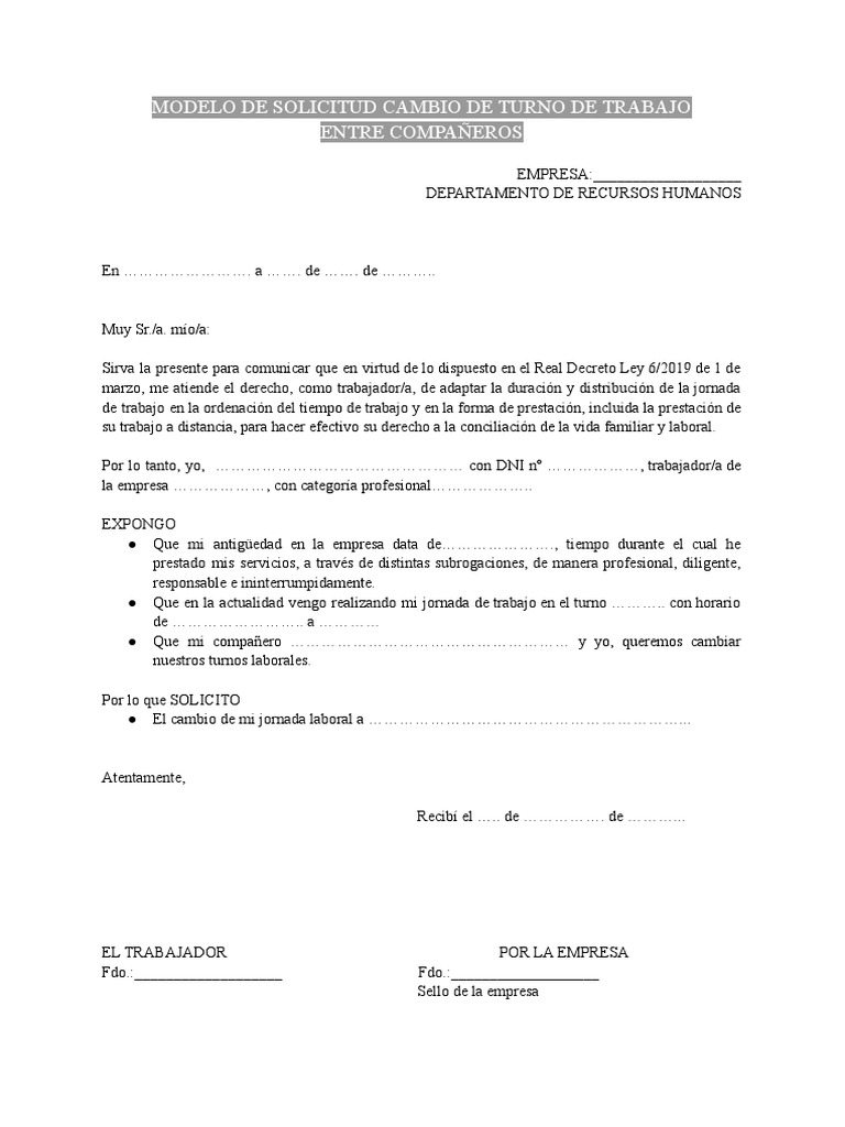 Modelo de Solicitud Cambio de Turno de Trabajo Entre Companeros PDF