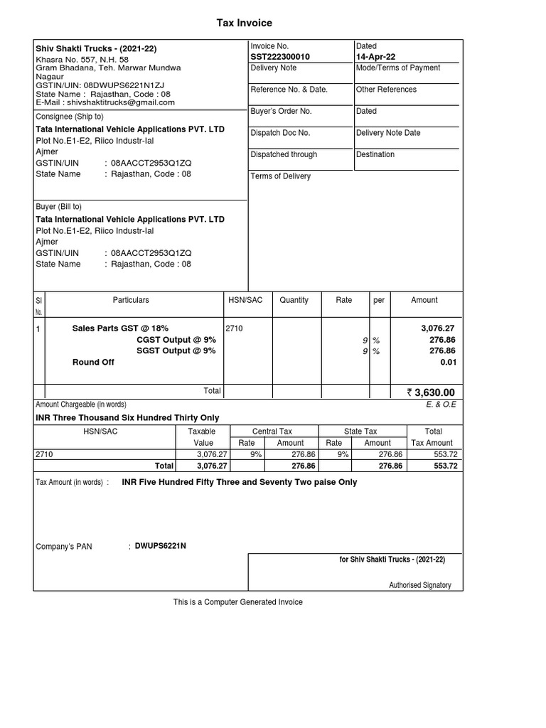Tax Invoice Plot No.E1E2, Riico IndustrIal Ajmer Gstin/Uin
