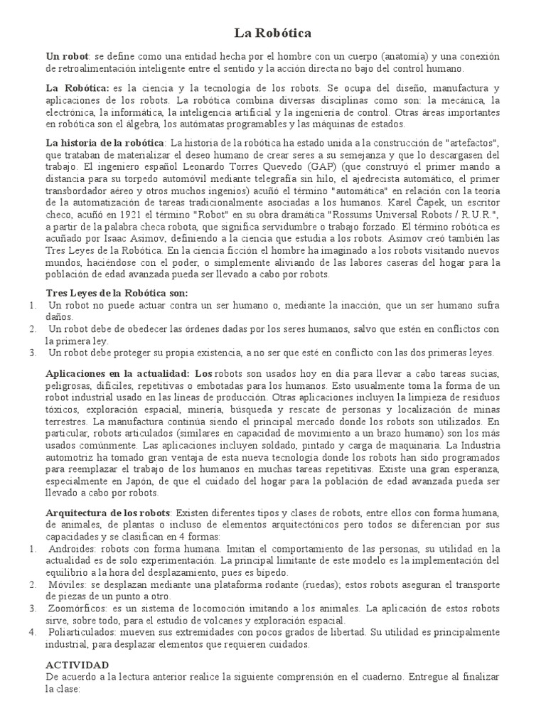 Historia y Definición de la Robótica | PDF | Robótica | Robot
