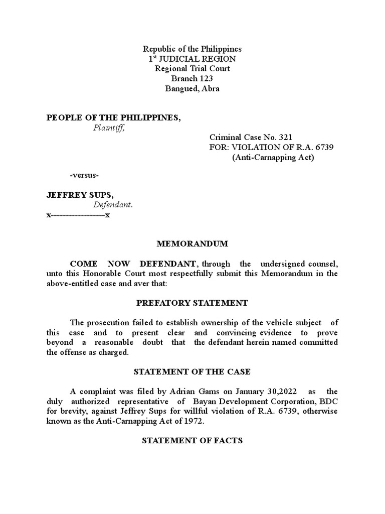 Trial Memorandum (For The Plaintiff) PDF Circumstantial Evidence