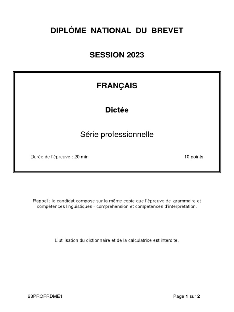 Dictées Brevet Des Collèges à Imprimer Brevet 2023 Dictée Serie Professionnelle | PDF