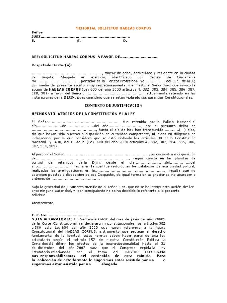 Memorial Solicitud Habeas Corpus 2 Habeas Corpus Derecho Constitucional