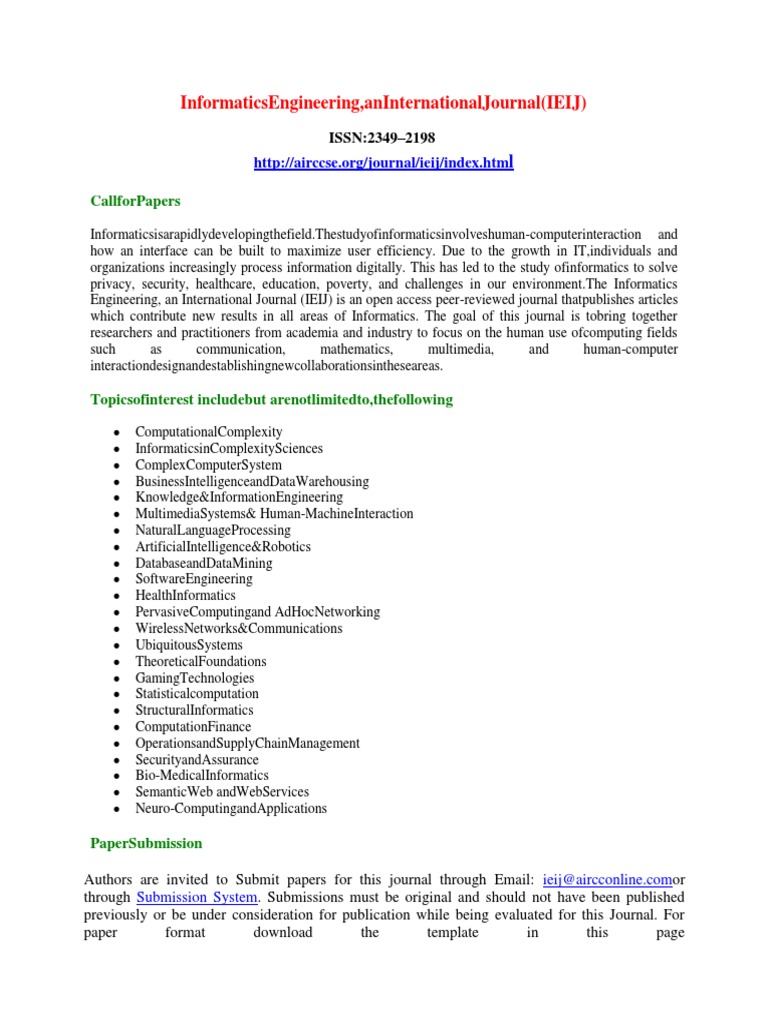 Call for Papers: Informatics Engineering Journal | PDF | Information ...