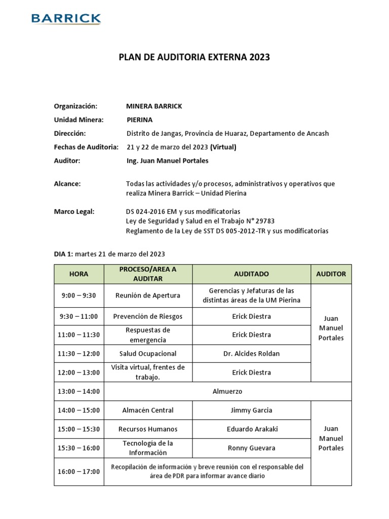 Plan de Auditoria Pierina 2023 Rev.2 | PDF | Business