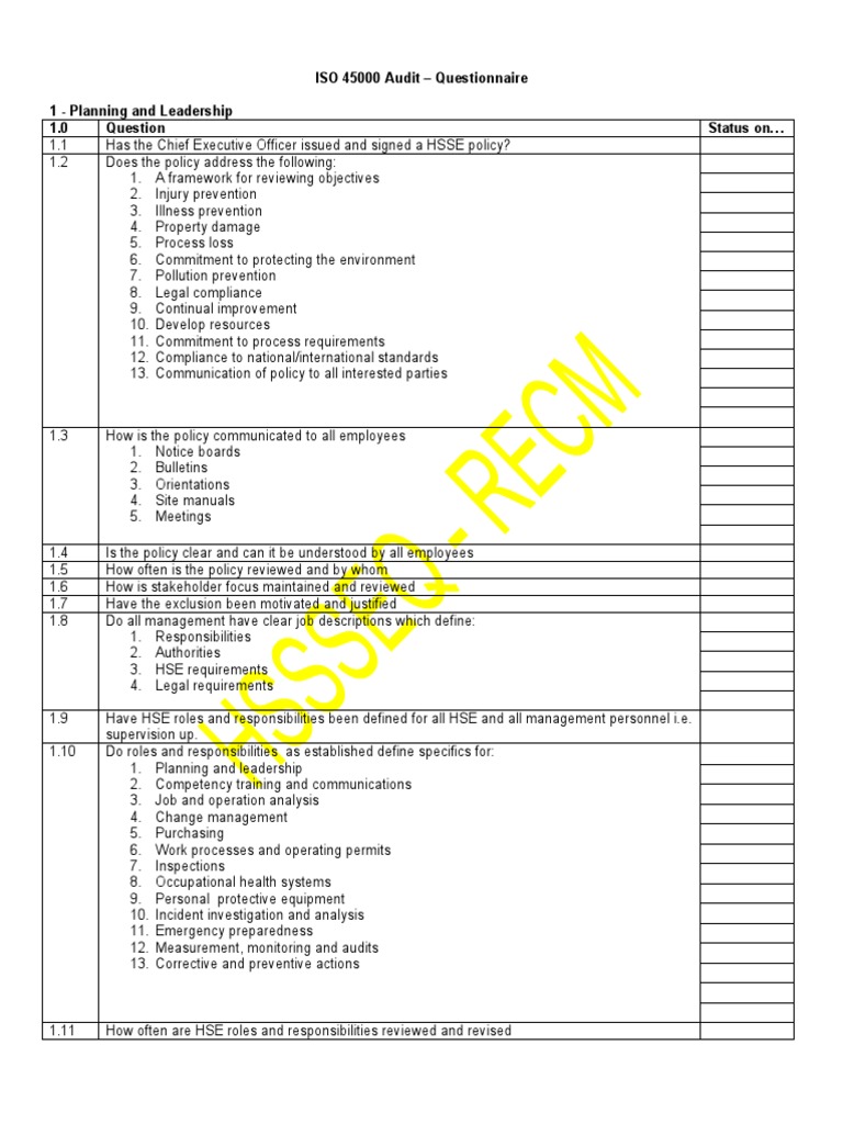 ISO 45000 Audit Questionnaire SAMPLE | PDF | Audit | Policy
