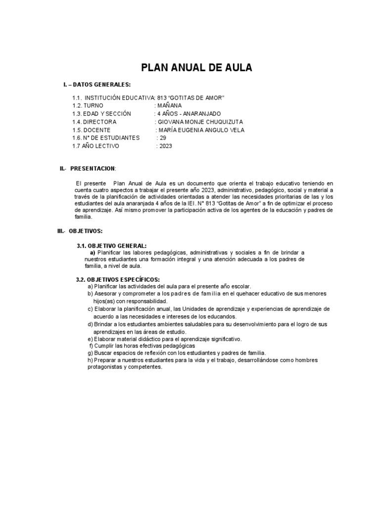 Plan Anual de Aula 2023 - 4 Años | PDF | Salón de clases | Maestros