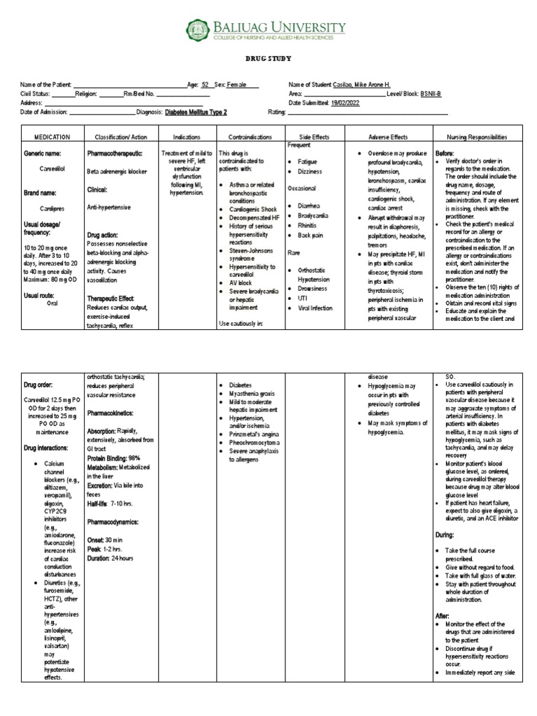 Carvedilol (Cardipres) Drug Study Guide | PDF | Pharmacology | Diseases ...