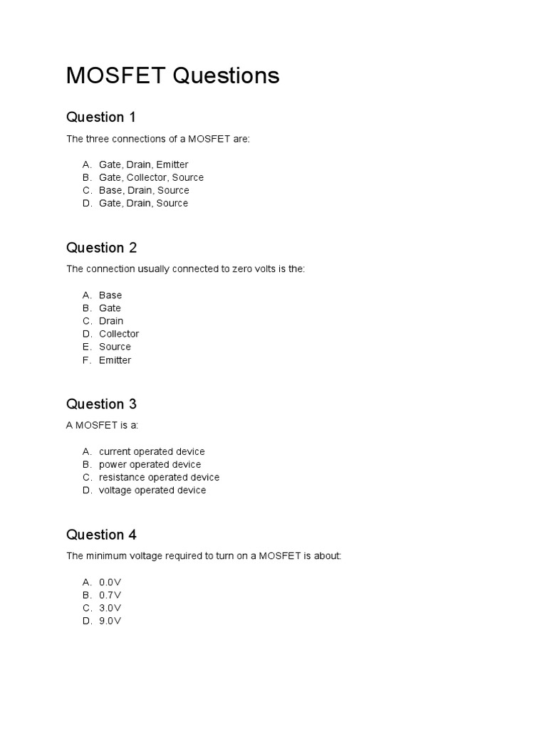 MOSFET MCQ Practice Questions | PDF | Computers