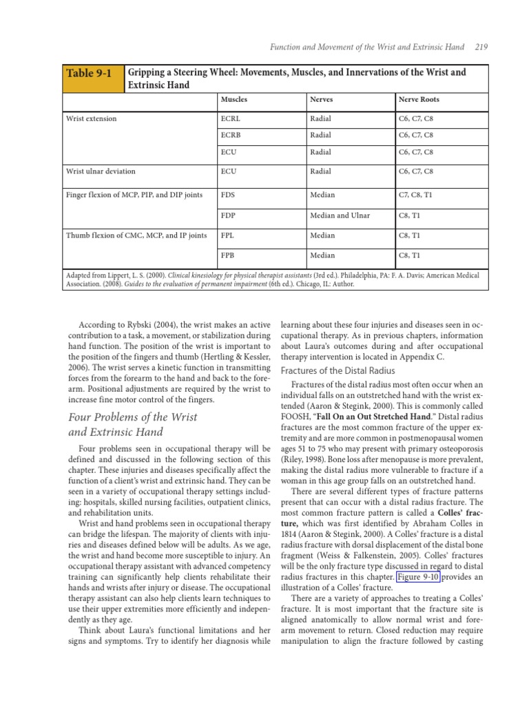 Table 91 Gripping A Steering Wheel Movements, Muscles, and