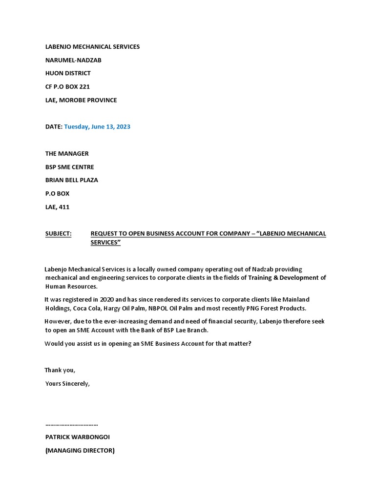 Bsp letter of request to open business account labenjo pdf