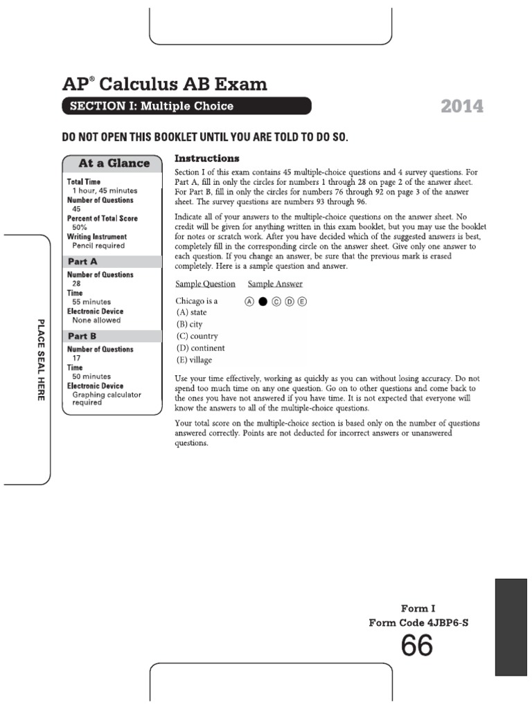AP Calculus AB Mock 4 (2014 PT) | PDF