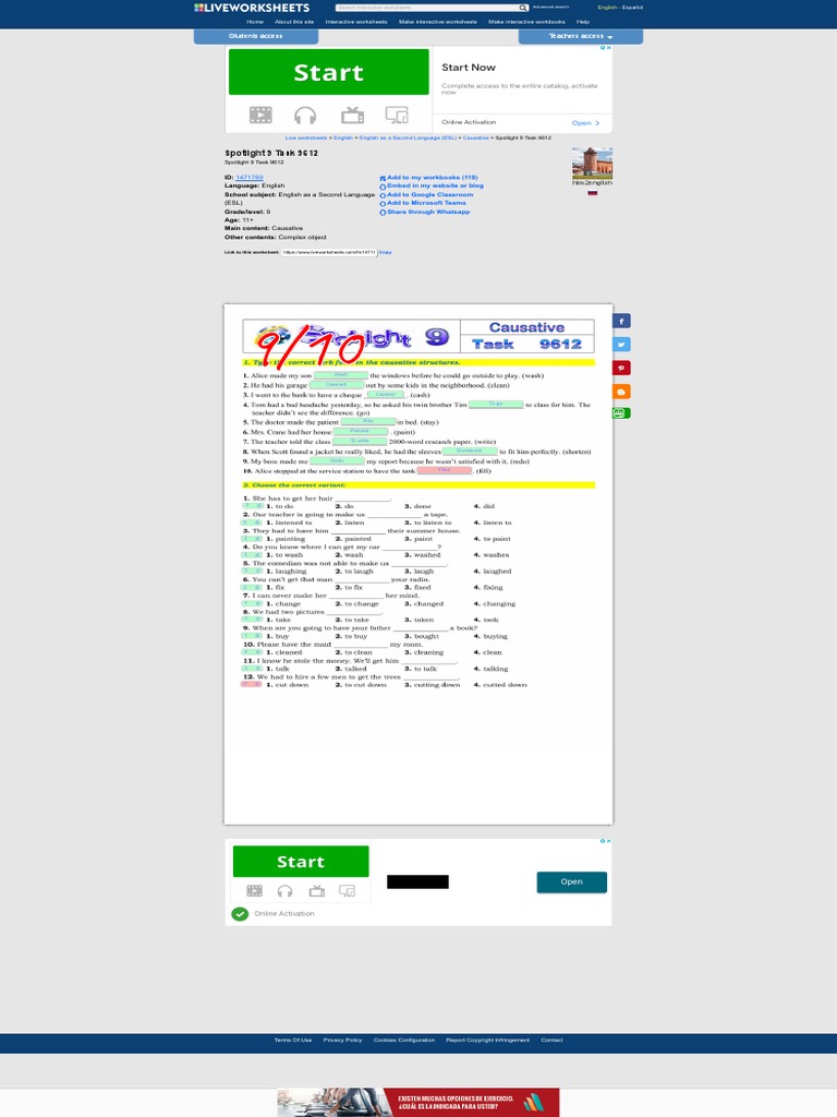 Spotlight 9 Task 9612 Worksheet | PDF | English As A Second Or Foreign ...