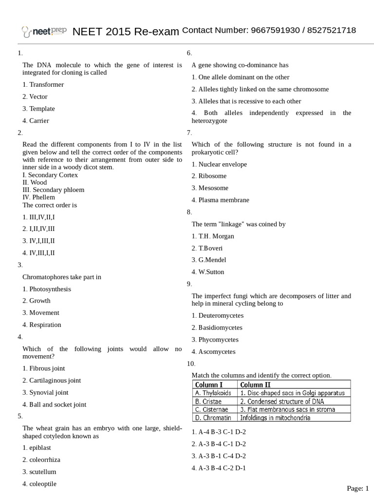 Answer Key Neet 2015