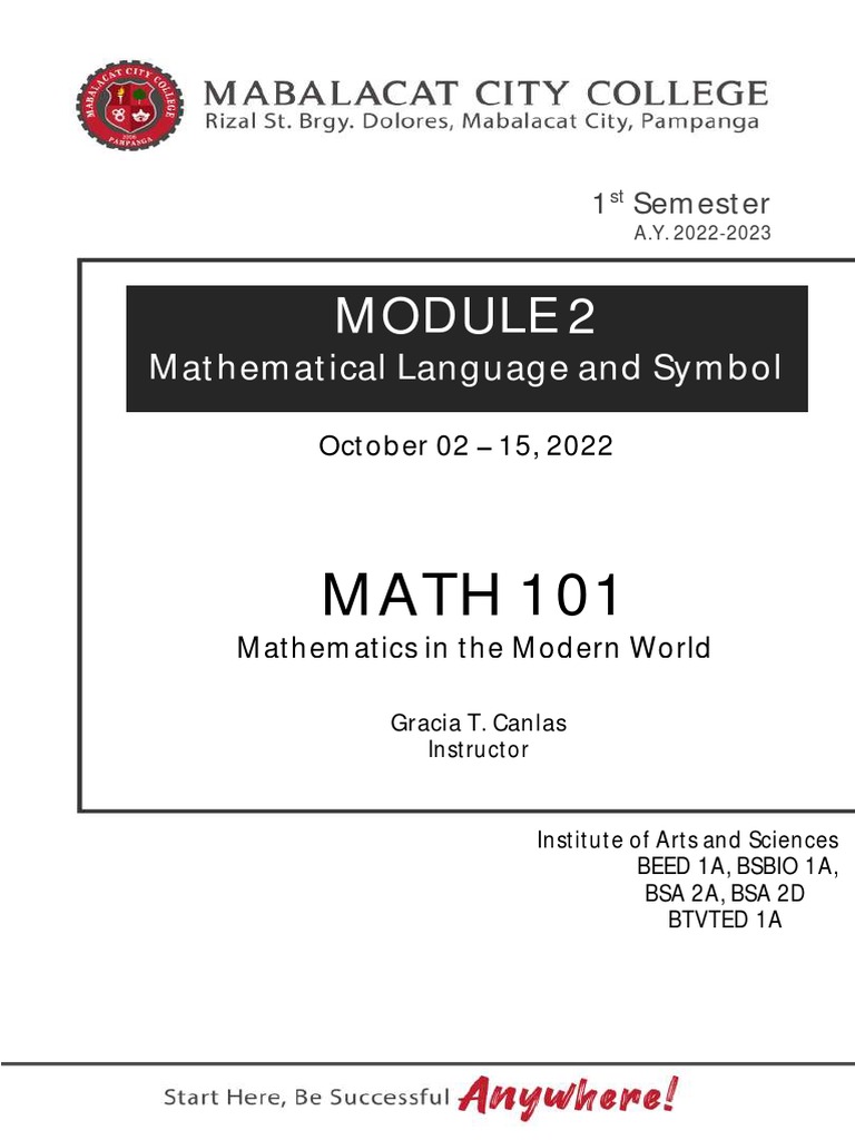 MODULE 2 Mathematical Language and Symbols Week 3 To Week 4 | PDF | If ...