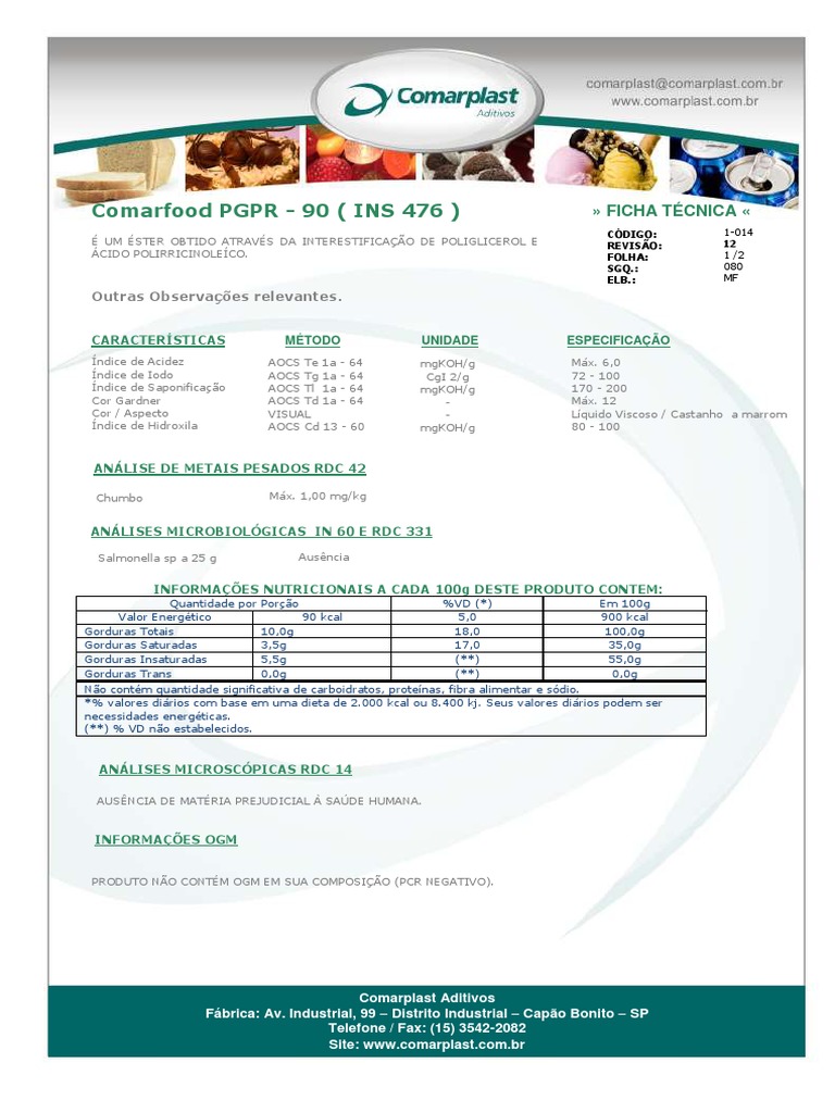 Ficha Técnica do Comarfood PGPR-90 | PDF | Gordura | Química