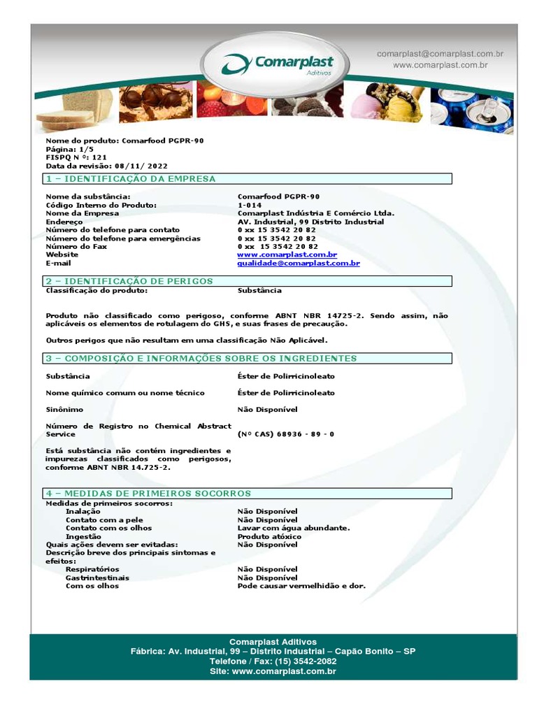 Ficha de Segurança Comarfood PGPR-90 | PDF | Embalagem e rotulagem ...