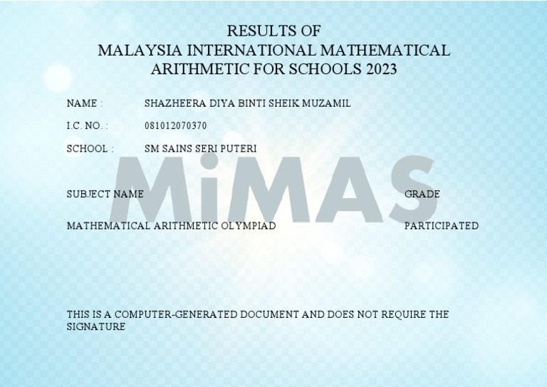 Muzamil School Math Olympiad Results | PDF