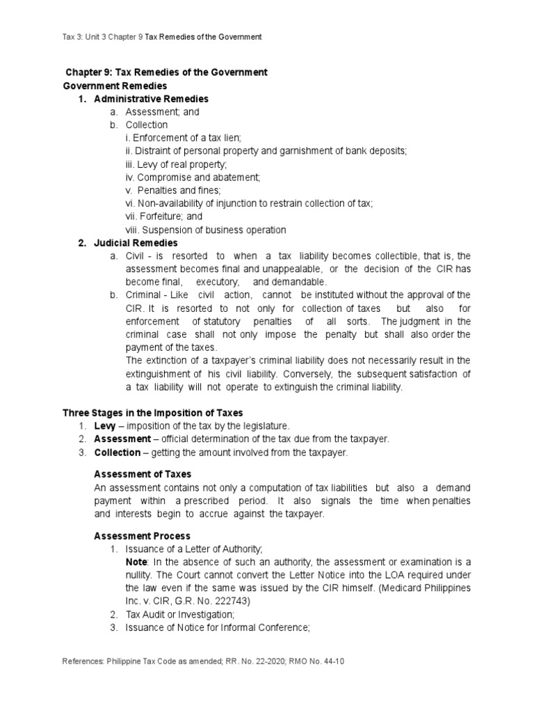 Tax 3 Unit 3 Chapter 9 Tax Remedies of The Government PDF Statute