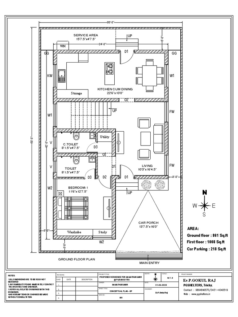 Ground Floor Plan for 861 Sq Ft House | PDF