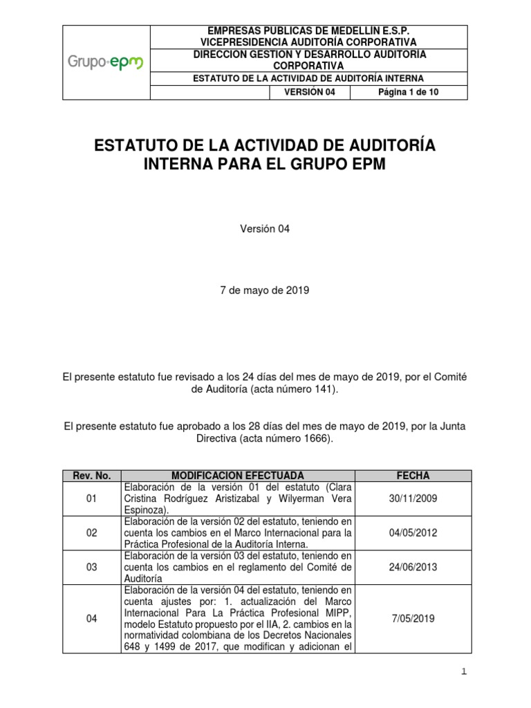 Estatuto Auditoría Interna EPM Versión 04 | PDF | Auditoría | Corporaciones