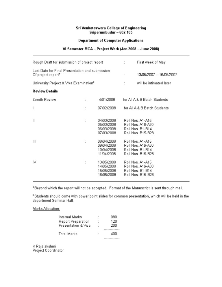 MCA Project Work Schedule and Guidelines | PDF
