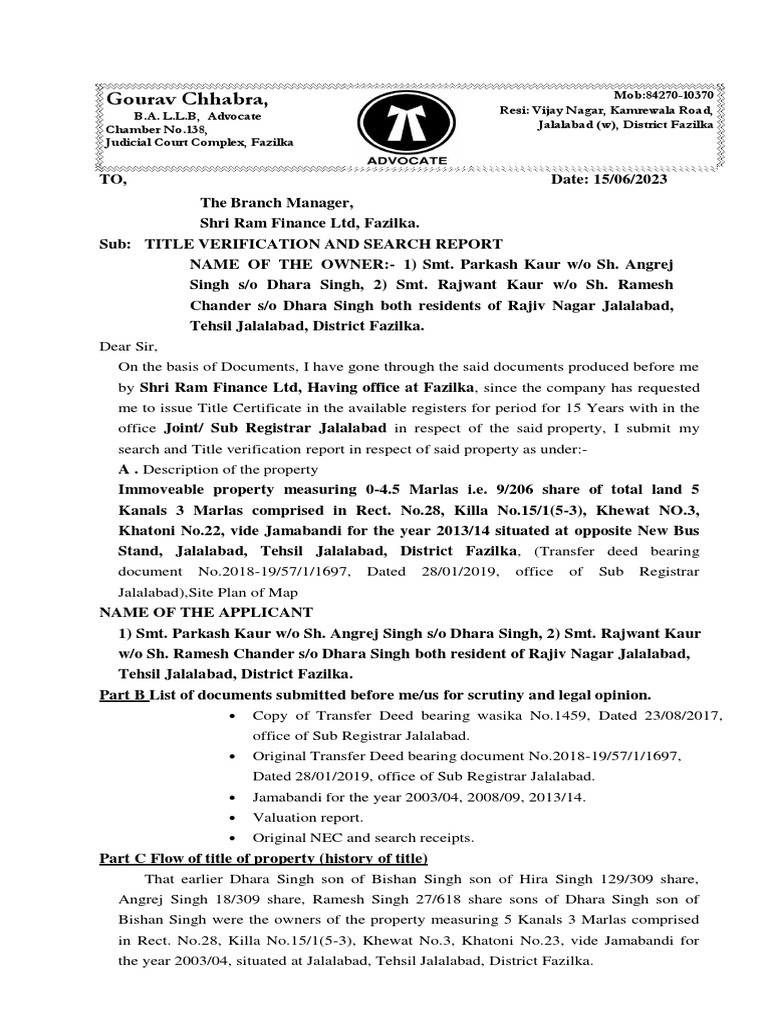 SEARCH REPORT SHRI RAM FINANCE - PARKASH KAUR AND RAJWANT KAUR (GC ...
