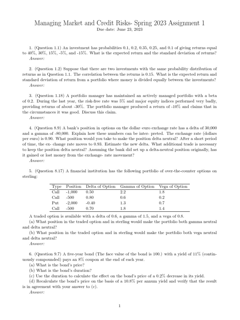 Assignment 1 Answer Key PDF Greeks (Finance) Bond Duration