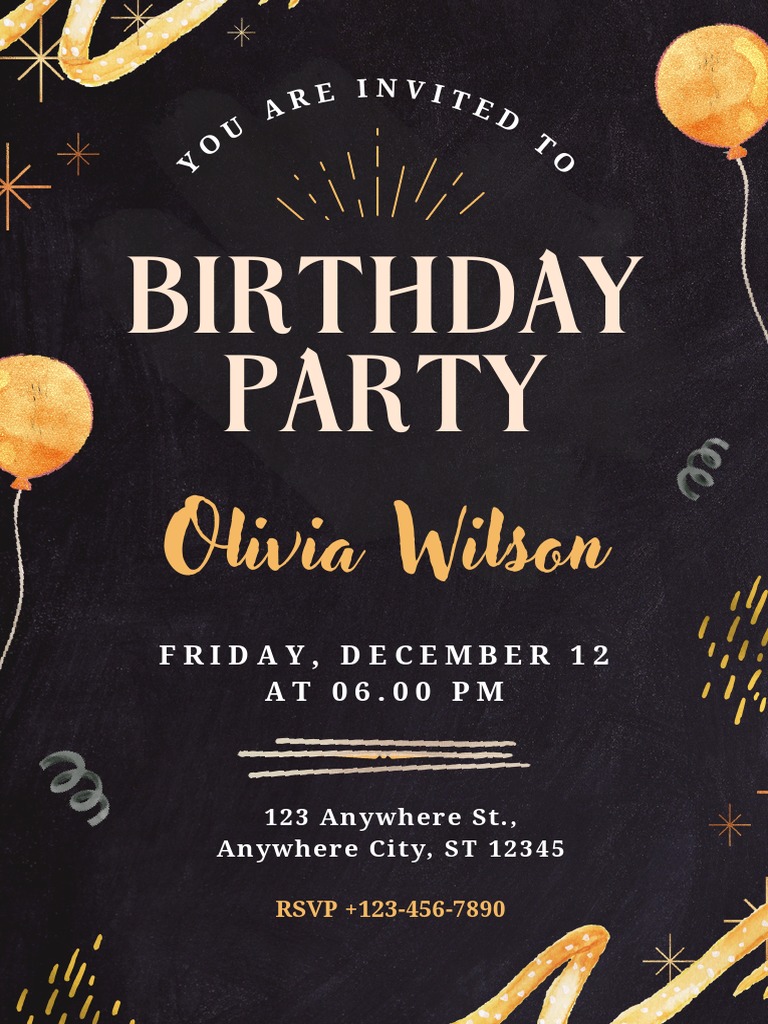 Black Gold Modern Birthday Party Invitation | PDF