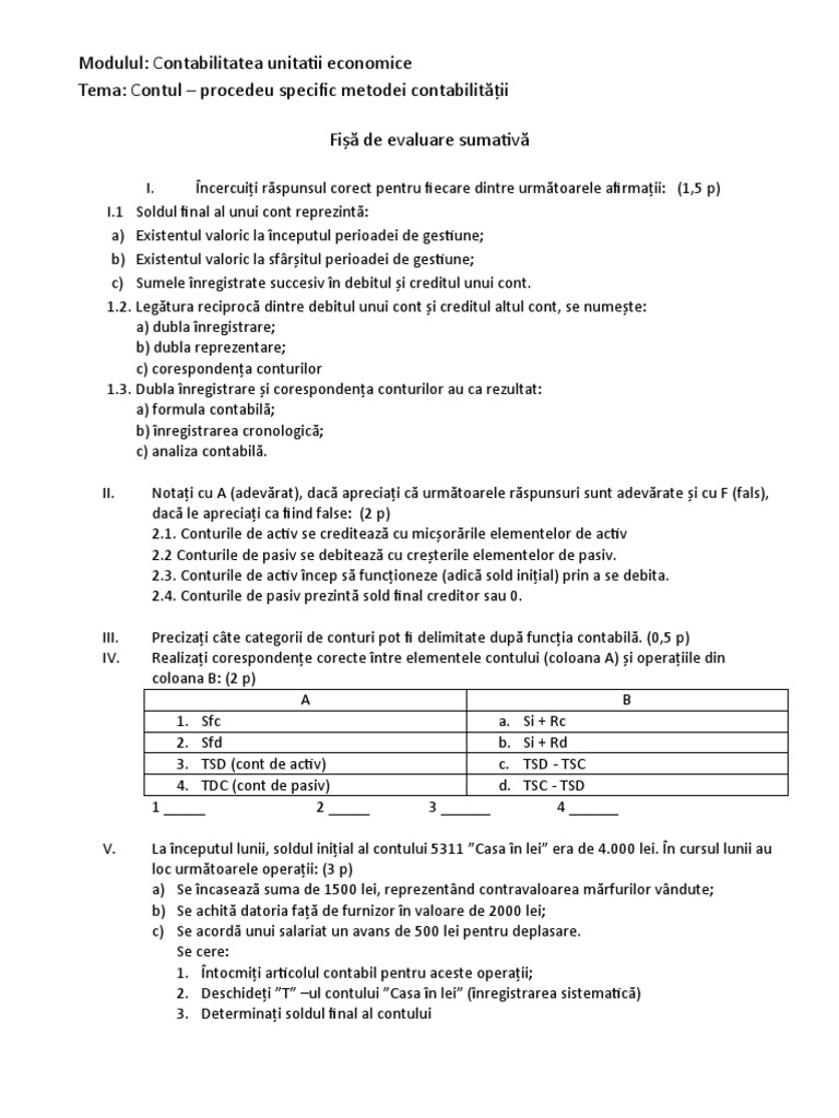 Contul - Fișă de Evaluare Sumativă | PDF